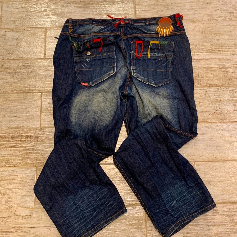 Akademiks Native Warrior Jeans 40x34 Y2K 90’s Whiskering Med Wash Relaxed Baggy